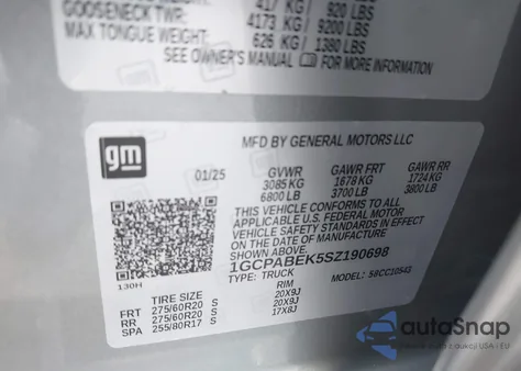 2025 Chevrolet Silverado 1500 2Wd Short Bed Custom из США, поврежденный, VIN 1GCPABEK5SZ190698